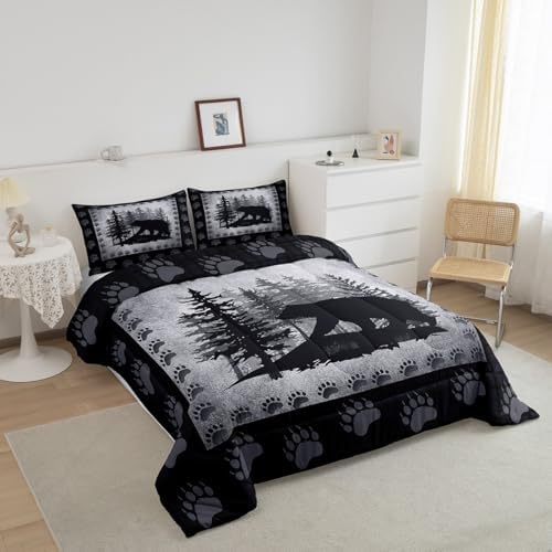 Bear Print Kids Comforter Set King Size,Wild Animal Pine Trees Retro Bedding Set All Season Bear Paw Pattern Quilt Set with 2 Pillowcases,Rustic Grid Plaid Hunt Lodge Decor Polyester Comforter, Grey