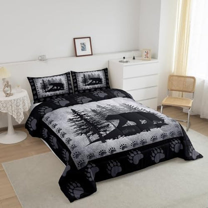 Bear Print Kids Comforter Set King Size,Wild Animal Pine Trees Retro Bedding Set All Season Bear Paw Pattern Quilt Set with 2 Pillowcases,Rustic Grid Plaid Hunt Lodge Decor Polyester Comforter, Grey