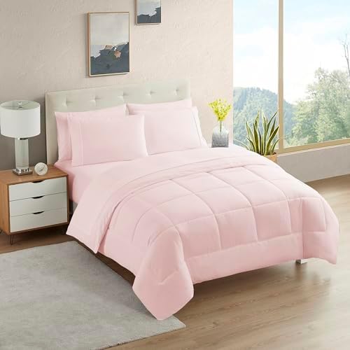 RV Short Queen Comforter Set for RV Camper - Comforter Set with Fitted & Flat Sheet, 4 Pillowcases - Tailored for RV Short Queen Beds - Cozy Essentials for Your RV Bedroom, Pale Pink
