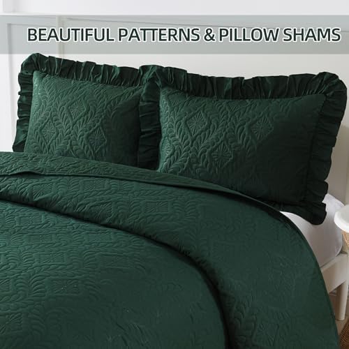 DJY King Quilt Set Emerald Green, 3 Pieces Ruffled Bedspreads Quilt