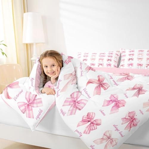 jejeloiu Pink Bow Comforter Set All Season Girls Bow Bedding Set with 1 Pillow Cases Cute Bowknot Microfiber Kids Toddler Bedclothes Bedroom Decor Duvet Quilt Breathable Soft Lightweight