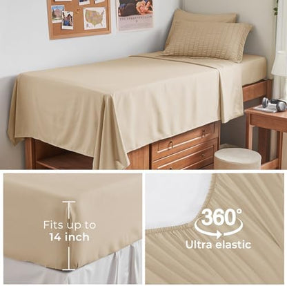 HYMOKEGE Khaki Twin XL Comforter Set Seersucker 5 Pieces, All Season Luxury Bed in a Bag for Bedroom, Bedding Set with Comforter, Sheets, Pillowcase & Sham