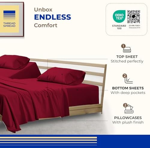THREAD SPREAD Split King Sheet Set, Luxury 1000 Series Paradise Collection 100% Egyptian Cotton Split King Sheets Sets for Adjustable Bed (5 PC, Burgundy), Soft, 16" Deep Pocket Hotel Sheets