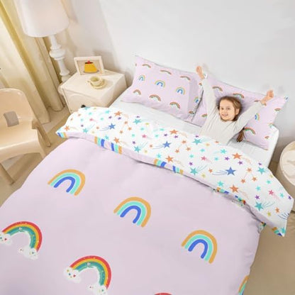 Rainbow Kids Bedding Set Full Carton Pattern Girls Children Duvet Cover 3 Pieces Soft Microfiber Cute Rainbow Pattern Comforter Cover Set for Boys Girls Teen Reversible Bedding Set with Zipper Ties