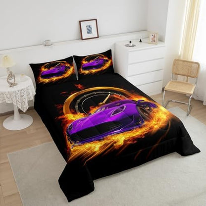 Erosebridal Purple Race Car Twin Comforter Set for Boys Girls,Kids Sports Car Bedding Set Race Car Decor for Toddler Boys Room,Cool Cars Comforter Set Breathable Racing Car Quilt Bed Set 2Pcs