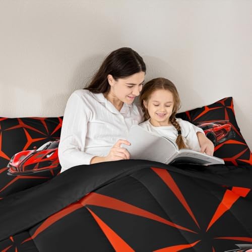 Castle Fairy Racing Car Comforter Set,Extreme Sport Theme Abstract Geometric Lines Bedding Set for Kids Teens,Red Race Car Quilt Set,Duvet Insert 2 Pcs with 1 Pillowcase,Toddler