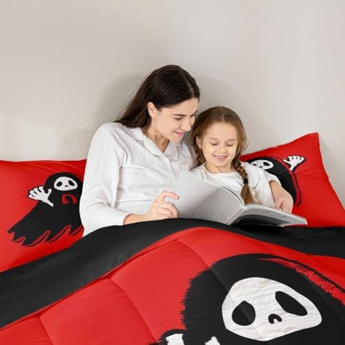 Manfei Cartoon Ghost Kids Comforter Set Twin Size,Happy Halloween Gothic Trippy Bedding Set,Girls Boys Room Decor,Western Holiday Before Christmas Quilt Comforter,Red Black Duvet Insert,1 Pillowcase