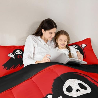 Manfei Cartoon Ghost Kids Comforter Set King Size,Happy Halloween Gothic Trippy Bedding Set,Girls Boys Room Decor,Western Holiday Before Christmas Quilt Comforter,Red Black Duvet Insert,2 Pillowcases