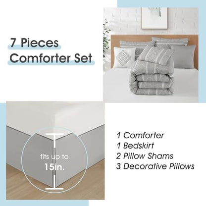 LANCO MODERN LIFESTYLE 7 Piece Queen Comforter Set, Grey, Elegant Jacquard with Patchwork, Stylish and Cozy Bedding Collection, Premium Bedding Set with Bedskirt, Shams and Pillows