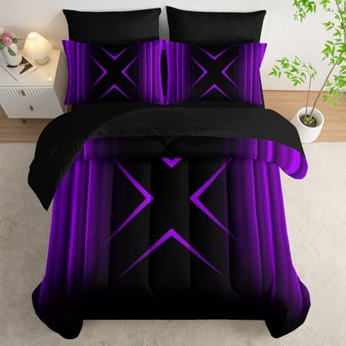 Nttopship Purple and Black Geometric Comforter Set Twin Size 7Pieces,3D Abstract Mordern Printed Bedding Set for Adults,Geometric Mordern Decor All Seasons with Pillowcases,Flat, Fitted Sheet