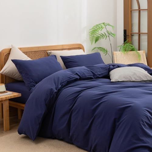 BESTOUCH Cotton Solid Duvet Cover Set Linen Feel Navy Blue Super King