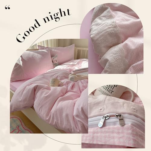mixinni Pink White Gingham Duvet Cover Twin XL Size - 3 Piece Cottagecore Plaid Bedding Set with Lace Trim, Soft Washed Microfiber Vintage Aesthetic Grid Comforter Cover & Pillow Shams