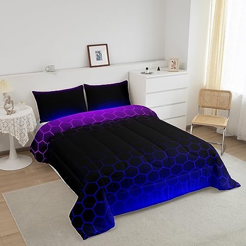 Honeycomb Bedding Set Twin Size, Purple Blue Ombre Comforter Hexagon Comforter Set for Kids Boys Girls Beehive Hexagon Duvet Breathable Room Decor Microfiber Bed