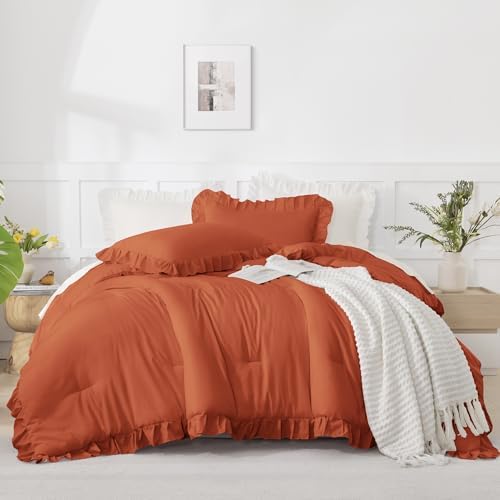Andency Terracotta Ruffle Comforter Twin Size, 2 Pieces Soft Bed Set