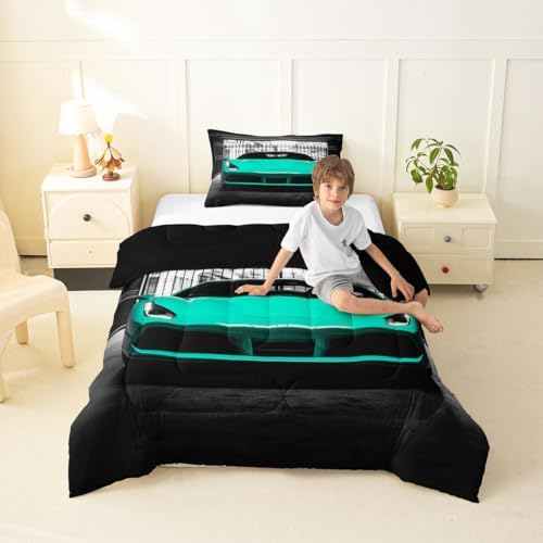 Feelyou Boys Teal Race Car Comforter Set Full Size Teal Luxury Car Bedding Set for Kids Boys Girls Extreme Sports Duvet Quilt Fast and Furious Bedroom Decor 3 Pcs with 2 Pillow Cases
