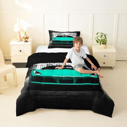 Feelyou Boys Teal Race Car Comforter Set Full Size Teal Luxury Car Bedding Set for Kids Boys Girls Extreme Sports Duvet Quilt Fast and Furious Bedroom Decor 3 Pcs with 2 Pillow Cases
