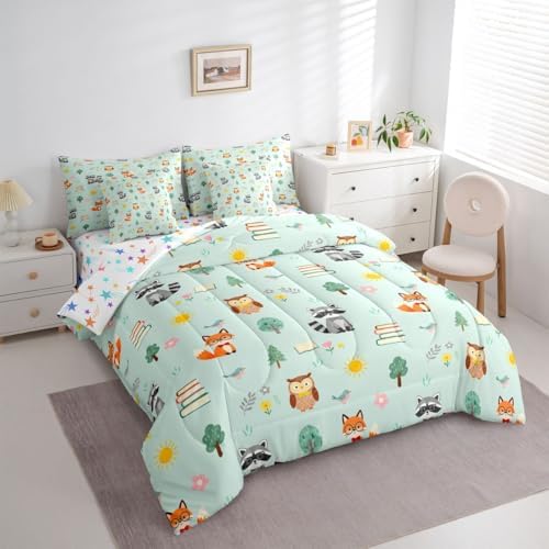 Feelyou Cute Fox Owl 7 Piece Bedding Set Zoo Animal Comforter Set with Sheets for Kids Boys Girls Cute Flower Bed in a Bag Green Orange Bed Set Soft Lightweight
