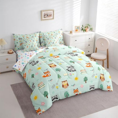 Feelyou Cute Fox Owl 7 Piece Bedding Set Zoo Animal Comforter Set with Sheets for Kids Boys Girls Cute Flower Bed in a Bag Green Orange Bed Set Soft Lightweight