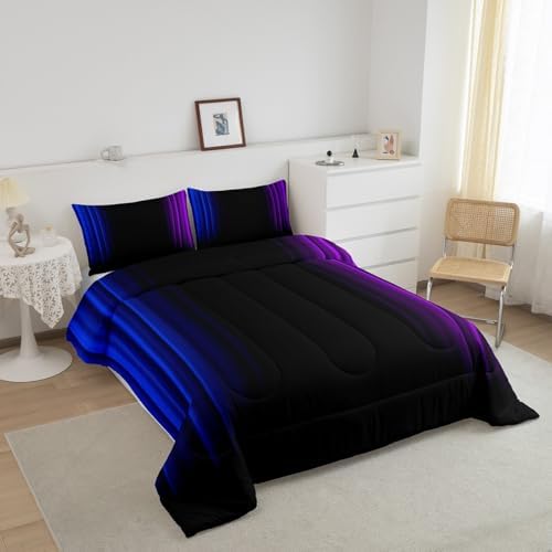 Feelyou Teens Abstract Ombre Decorations Bedding Set for Kids Women Blue Purple and Black Comforter Set Geometric Modern Quilt Set Room 3Pcs Queen Size