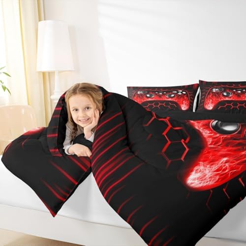 Erosebridal Ombre Art Honeycomb Game Consoles Comforter Set Red Neon Lights Gaming King Bedding Set Geometric Hexagon Beehive Duvet Set Gamer Room Decor for Boys