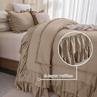 Masaca Ruffled Oversized King Comforter 128x120,3 Pieces Vintage Farmhouse Shabby Bedding Set Lightweight Ultra Soft French Country Light Taupe Bedding (1 Ruffle Comforter +2 Pillowcases)