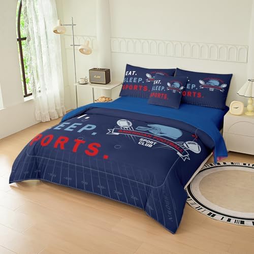 6pc Football Bedding Set for Boys,Queen Size Comforter Sets for Teen,Kids Comforter Set with 1 Quilt+1 Flat Sheet+1 Fitted Sheet+2 Pillowcases+1 Cushion Cover(Football-K Queen)