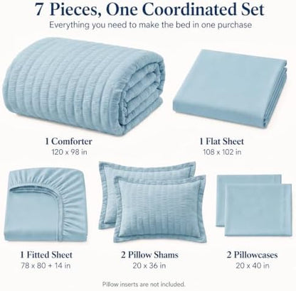 CozyLux Oversized King Comforter Set 120x98, 7-Piece Light Blue Seersucker