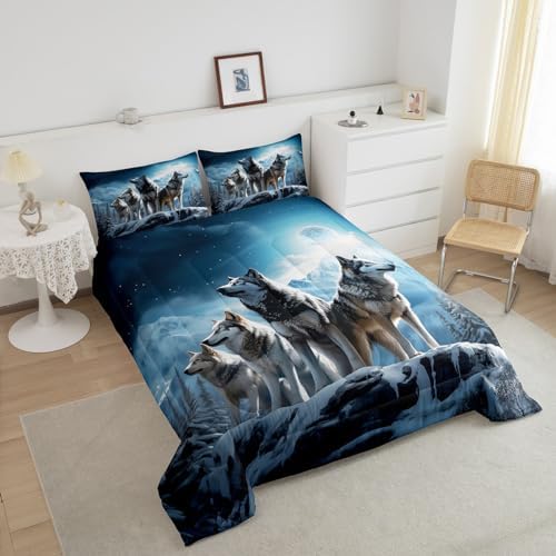 3D Wolf Comforter Set Queen Size,Wild Animals Bedding Set 3Pcs for Kids Boys Men Adult Bedroom Decor,Winter Mountain Scenery Quilt Set Nature Theme Luxury Blue Grey Duvet Insert,2 Pillowcases