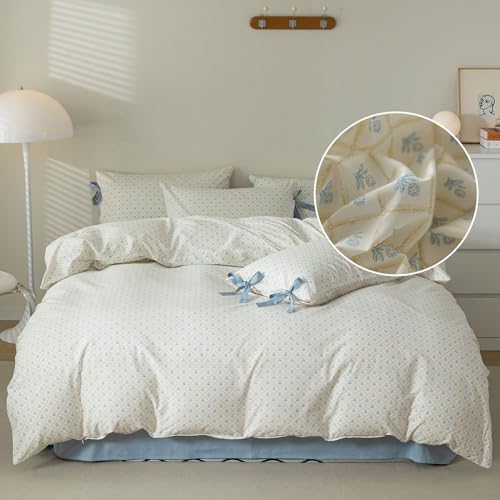Blue Flower Duvet Cover Queen Chic Plaid Grid Print 100% Cotton Floral Bedding Set Cottagecore Flower Comforter Cover Vintage Country Bedding Aesthetic Floral Duvet Cover with 2 Bow Ties Pillowcases