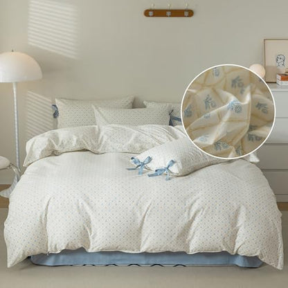 Blue Flower Duvet Cover Queen Chic Plaid Grid Print 100% Cotton Floral Bedding Set Cottagecore Flower Comforter Cover Vintage Country Bedding Aesthetic Floral Duvet Cover with 2 Bow Ties Pillowcases