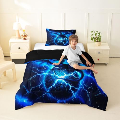 Feelyou Dragon Kids Comforter Set Twin Size Chic Outer Space Starry Sky Bedding Set ungle Animals Dragon Duvet Quilt for Kids Boys Girls Bedroom Black Blue Decor Microfiber Ultra Soft Breathable