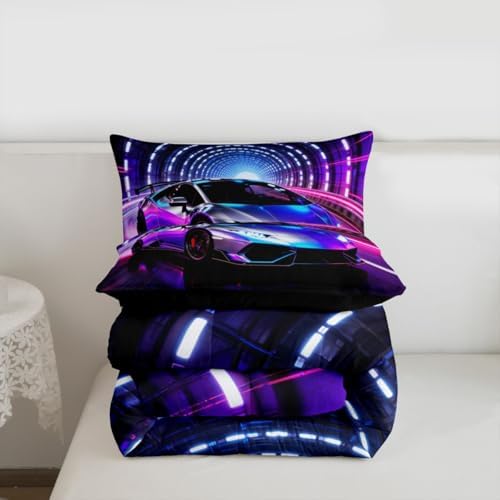 Feelyou Boys Race Car Comforter Set All Season Sports Racing Car Bedding Set with 2 Pillow Cases Purple Racing Extreme Sports Kids King Bedclothes Bedroom Decor Duvet Quilt Breathable Soft Lightweight