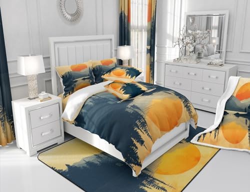 Sunset Comforter Set Full Size,Mountain River Woodland Bedding Set for Kids Teens Adults Room Decor,Nature Scenery Lake House Quilt Set,Japanese Minimalism Style Duvet Insert 3Pcs,2 Pillowcases