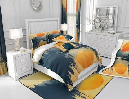 Sunset Bedding Set Twin Size,Mountain River Woodland Comforter Set for Kids Teens Adults Room Decor,Japanese Minimalism Style Duvet Insert 2Pcs,Nature Scenery Lake House Quilt Set,1 Pillowcase