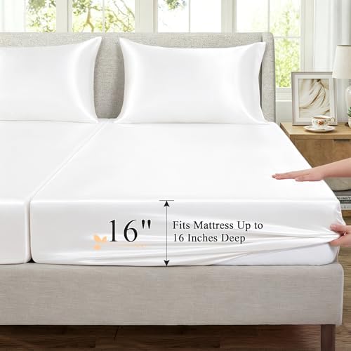 SiinvdaBZX 5-Piece Ivory White Satin Sheets Split King Size Set