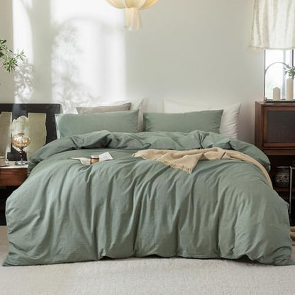 FOSSA Duvet Cover Set 100% Washed Cotton Linen Feel Queen