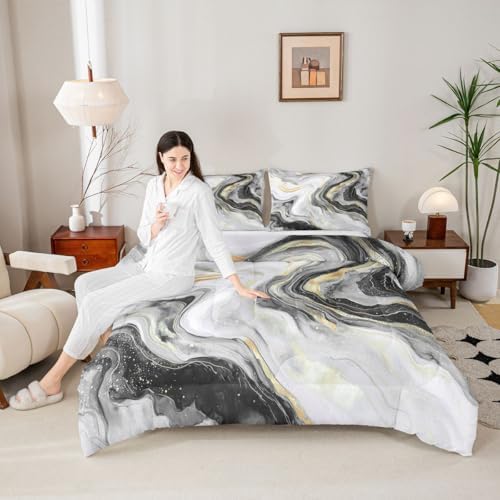 jejeloiu Gray Marble Comforter Set Full Size Modern Marble Aesthetic Bedding Set for Kids Boys Girls Retro Watercolor Duvet Quilt Abstract Texture Bedroom Decor Microfiber 3 Pcs with 2 Pillow Cases
