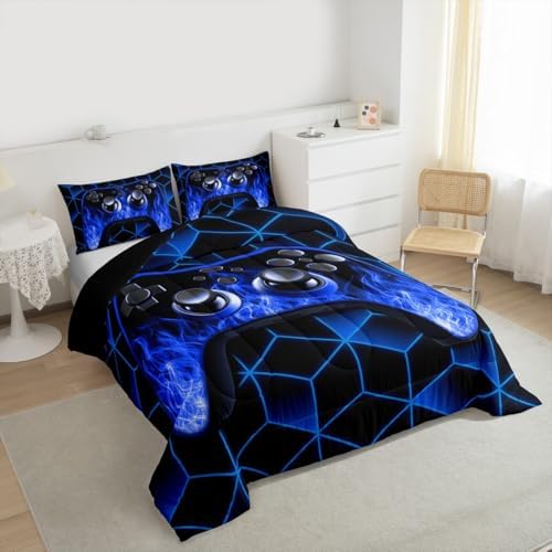Blue Kids Bedding Sets for Boys Gamer Gifts, Neon Geometric Twin Comforter Set, 3D Geometric Kids Twin Bedding Set with Flame Game Consoles Gamer Decor
