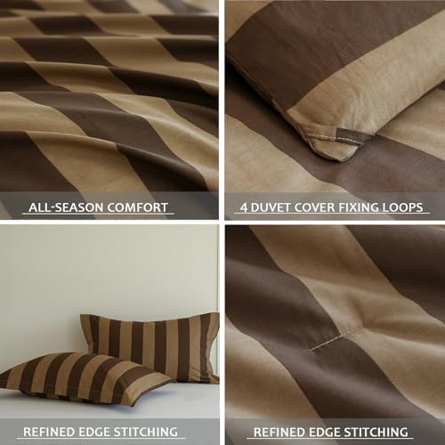 Comforter Set Queen Size - 100% Natural Cotton Brown and Beige Striped Comforter 3pcs, Hypoallergenic Soft Bedding Set