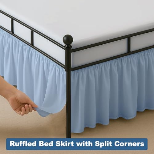 Ruffled Bed Skirt Split Corners with Platform, Tailored Fit Hotel Quality Wrinkle Free Ultra-Soft Microfiber Dust Ruffle, Upto 21 Inch Drop, Cal King, Sky Blue