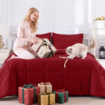 CozyLux Queen Comforter Set, 7-Piece Bed in a Bag, Dark Red