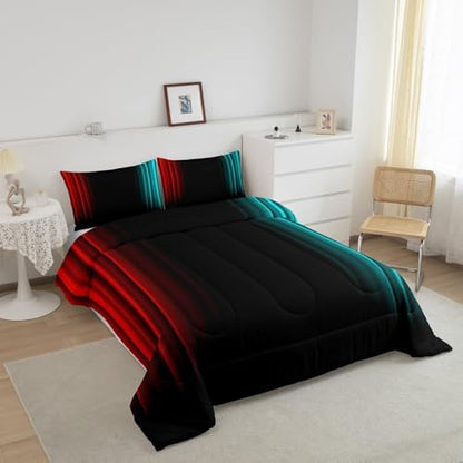 Feelyou Teens Abstract Ombre Decorations Bedding Set for Kids Women Red Teal and Black Comforter Set Geometric Modern Quilt Set Room 2Pcs Twin Size