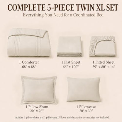 CozyLux Twin XL Comforter Set Beige - 5 Pieces Complete Bedding Set