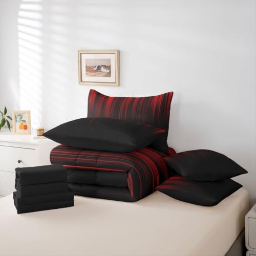 Feelyou Neon Red Black Queen Comforter Set with Sheets for Kids Boys Girls Geometric 7 Pieces Bedding Set Ombre Bed in a Bag Room Decor Soft Lightweight Microfiber