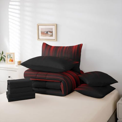 Feelyou Neon Red Black Queen Comforter Set with Sheets for Kids Boys Girls Geometric 7 Pieces Bedding Set Ombre Bed in a Bag Room Decor Soft Lightweight Microfiber