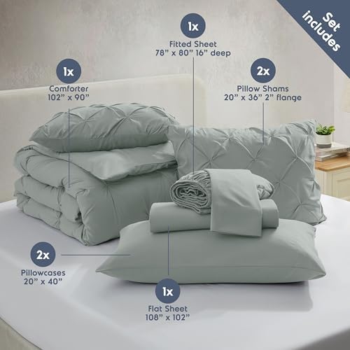 Nestl 9 Piece King Comforter Set – Sage Green Pinch Pleated Bed in a Bag – Complete King Size Bedding Set with Sheets, Set of 2 Cooling Pillows, Pillowcases and Shams