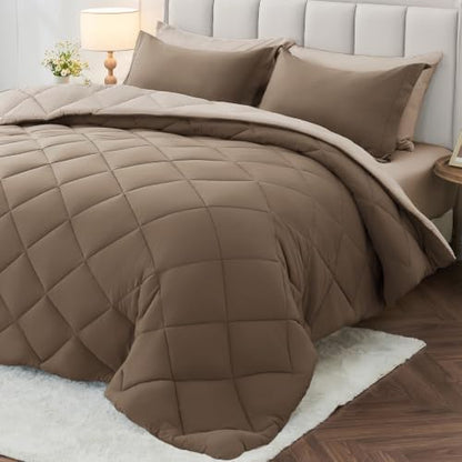 MUXHOMO 5 Pieces Twin Comforter Set, Reversible Bed in a Bag Twin Size, All Season Bedding Set with Comforter, Flat Sheet, Fitted Sheet, Pillowcases & Shams, Light Brown & Dark Linen
