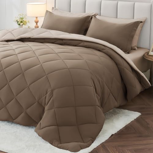MUXHOMO 7 Pieces Queen Comforter Set, Reversible Bed in a Bag Queen Size, All Season Bedding Set with Comforter, Flat Sheet, Fitted Sheet, Pillowcases & Shams, Light Brown & Dark Linen