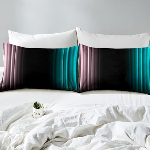 Feelyou Teens Abstract Ombre Decorations Bedding Set for Kids Women Pink Teal and Black Bed Sheets Set Geometric Modern Fitted Sheet Sets Room 4Pcs Queen Size