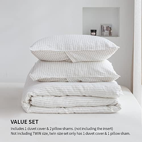 Simple&Opulence 100% Linen Duvet Cover Set 3pcs Yarn Dyed Vertical Pinstripe Ticking Pattern Natural French Washed Flax Breathable Farmhouse Bedding - Grey Stripe, King Size
